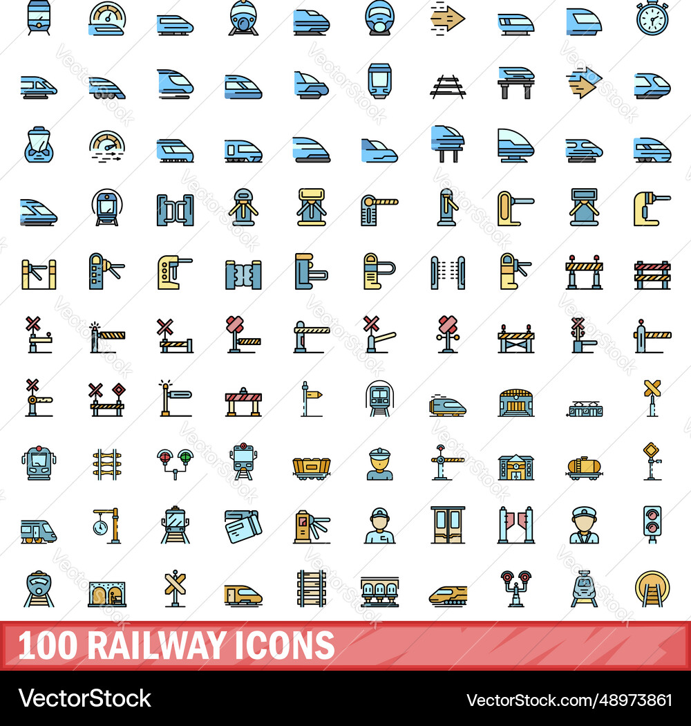 100 railway icons set color line style 100 railway icons set color line style vector image