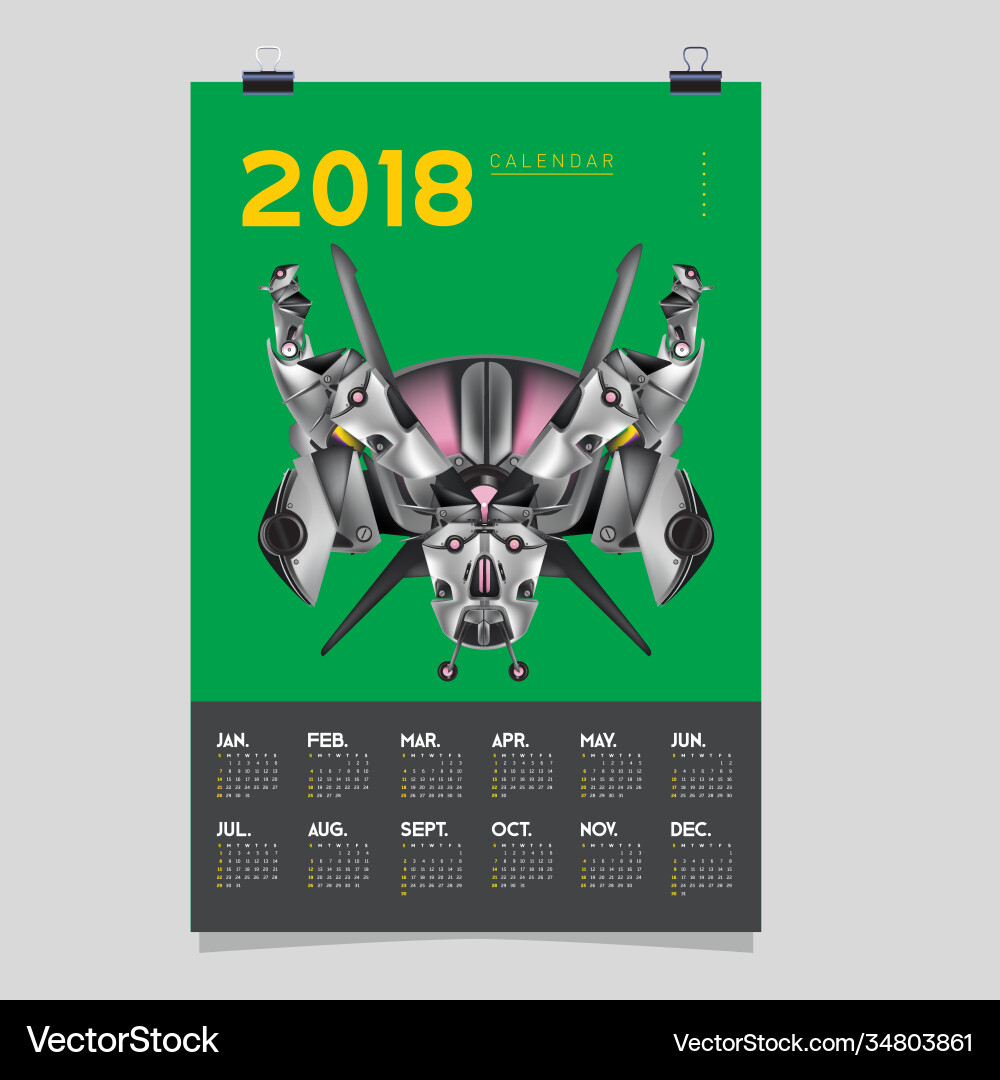 2018 calendar design template 3d realistic robot vector image