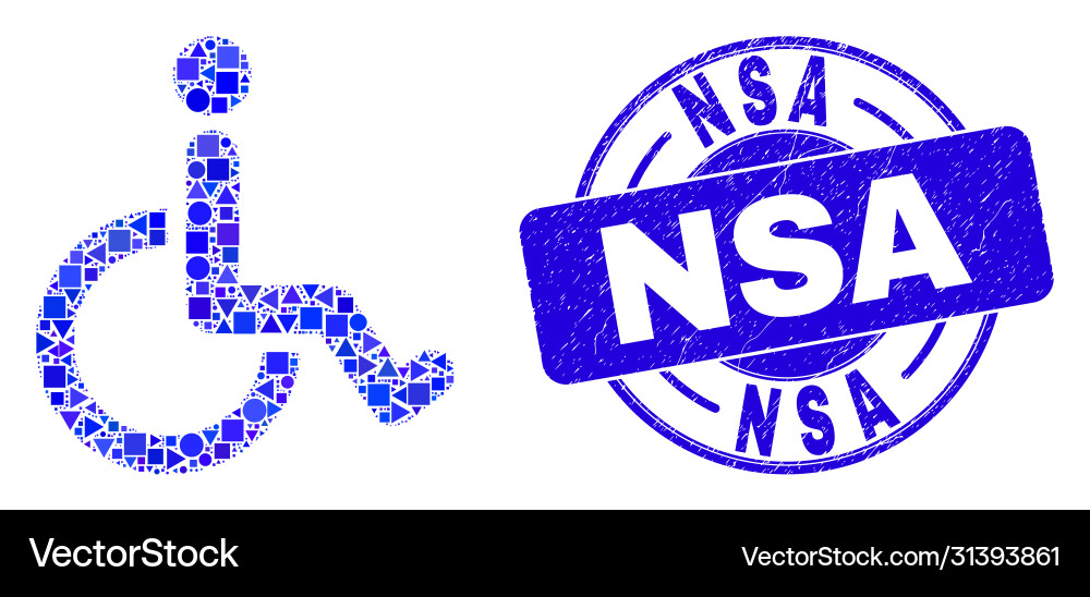 Blue distress nsa stamp and wheelchair mosaic Blue distress nsa stamp and wheelchair mosaic vector image
