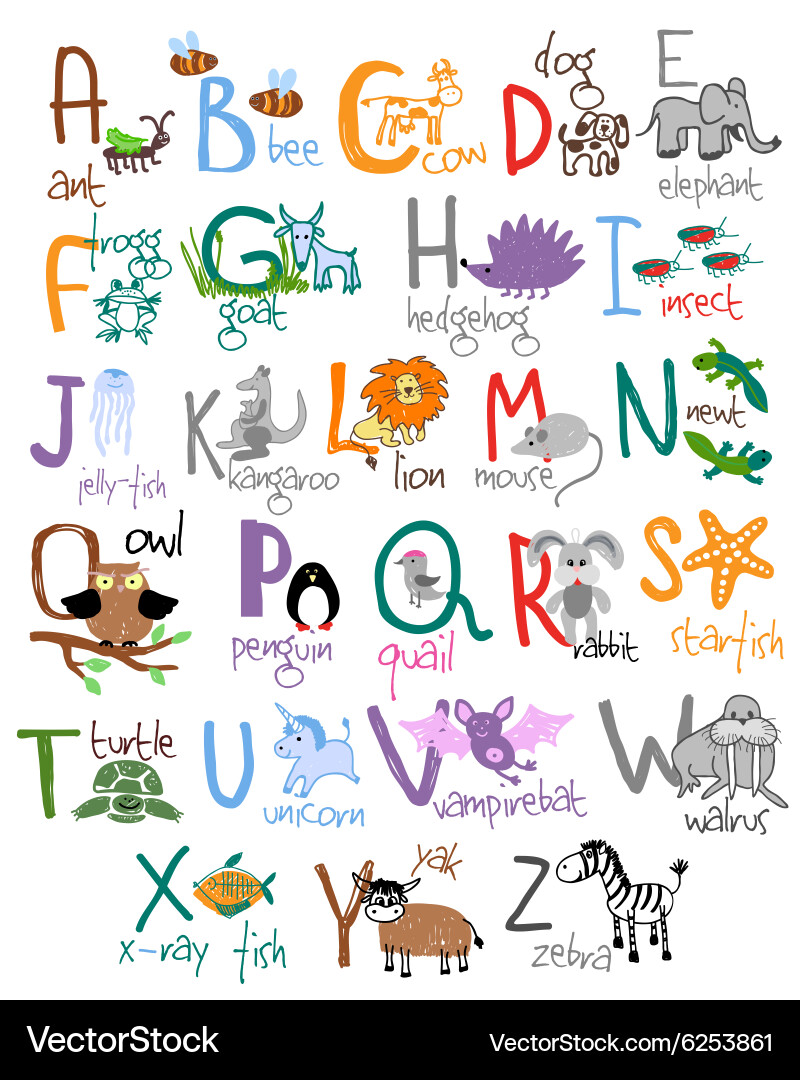 Cute Zoo Animals Alphabet Vector Image