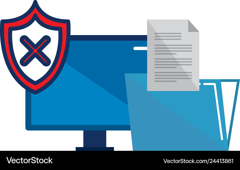 Desktop with shield and folder documents Vector Image