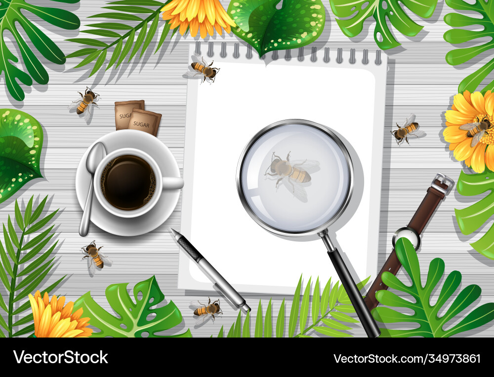 Top view wooden table with office objects Top view wooden table with office objects vector image