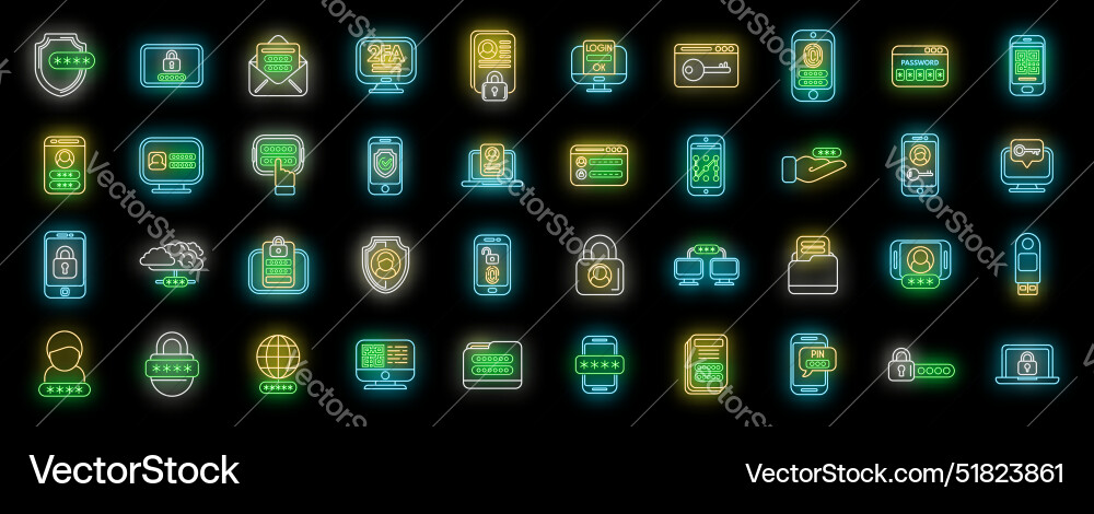 Two factor authentication icons set neon Two factor authentication icons set neon vector image