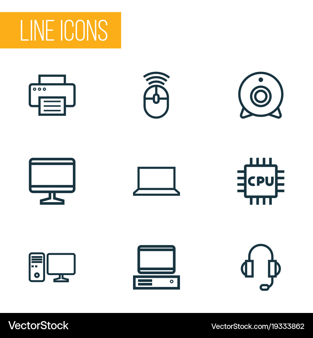Computer icons line style set with peripheral pc vector image