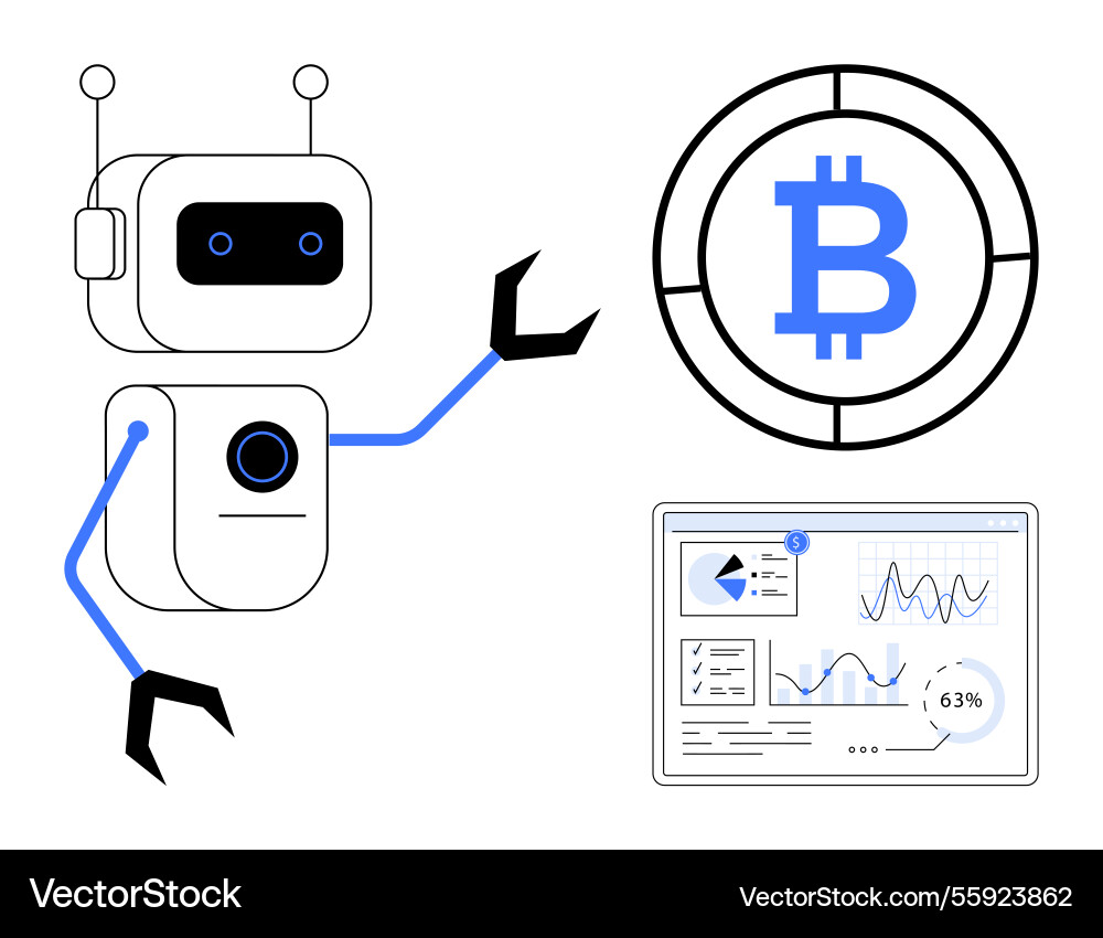 Robot analyzing cryptocurrency trends with bitcoin Robot analyzing cryptocurrency trends with bitcoin vector image