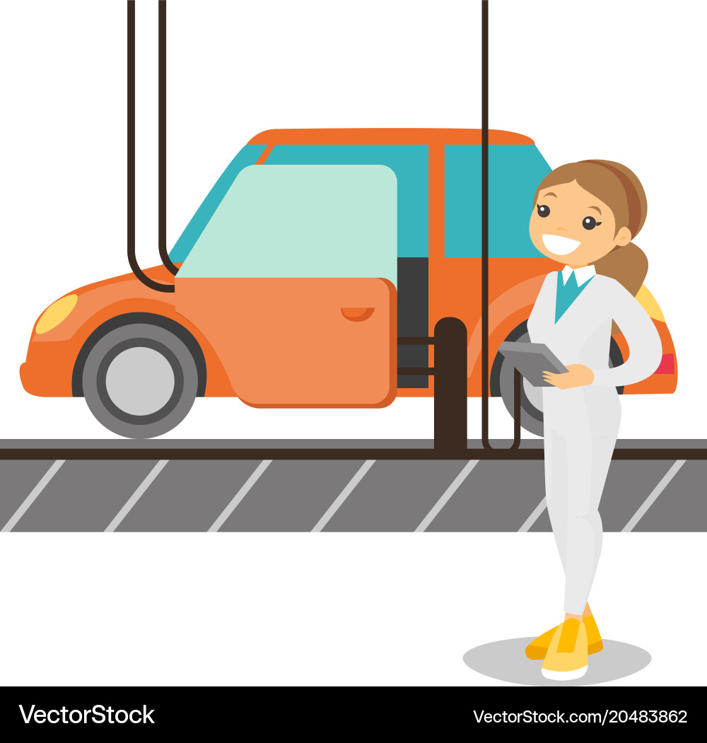 Worker controlling automated assembly line for car vector image