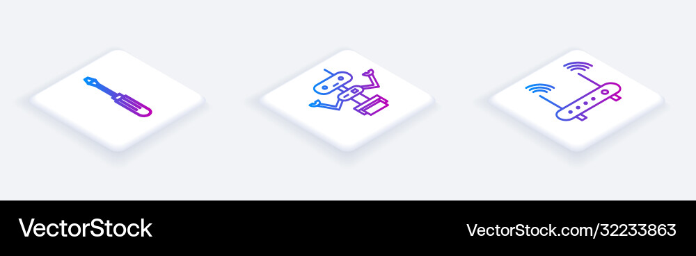 Set isometric line screwdriver robot and router Set isometric line screwdriver robot and router vector image