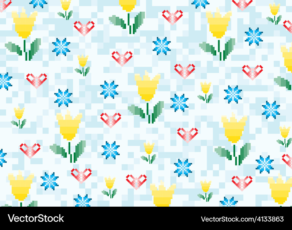 Spring flowers on a background with pixels Vector Image