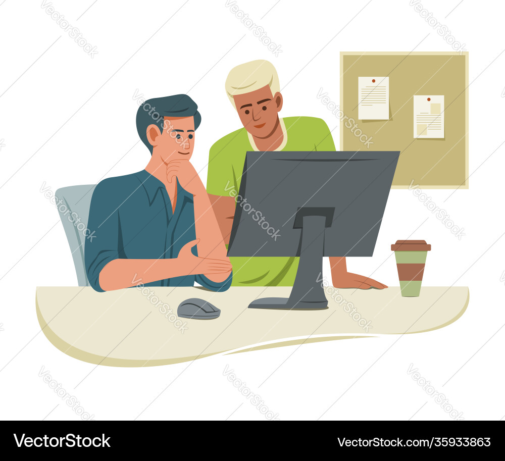 Worker men look computer in office for working Worker men look computer in office for working Vector Image