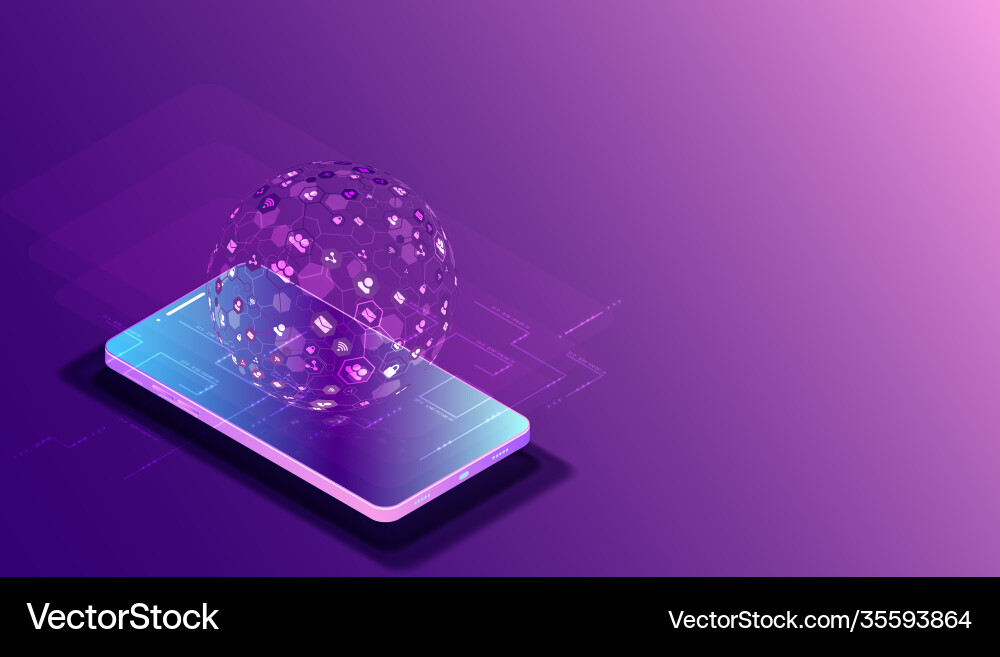 Isometric mobile phone ig data flow processing Isometric mobile phone ig data flow processing vector image