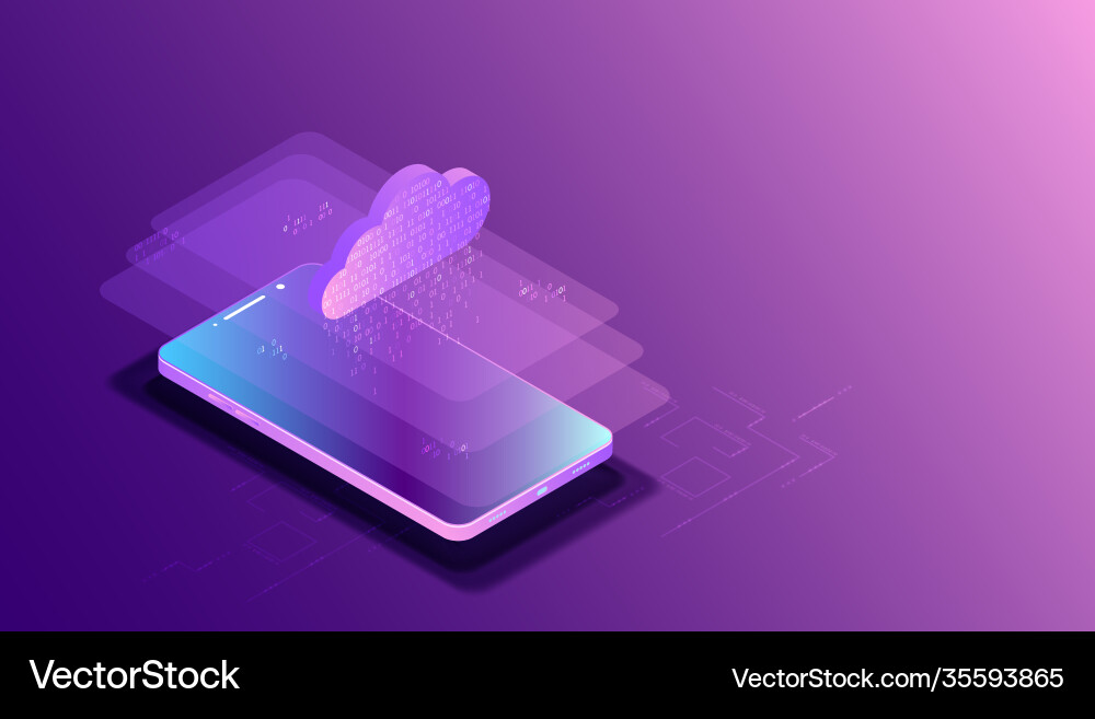 Isometric mobile phone ig data flow processing Isometric mobile phone ig data flow processing vector image