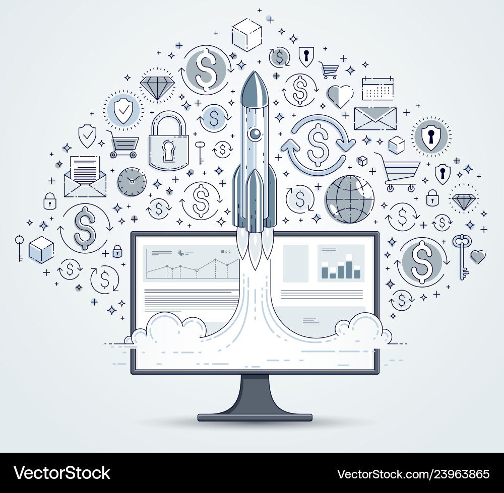Startup rocket take off over computer monitor Startup rocket take off over computer monitor vector image