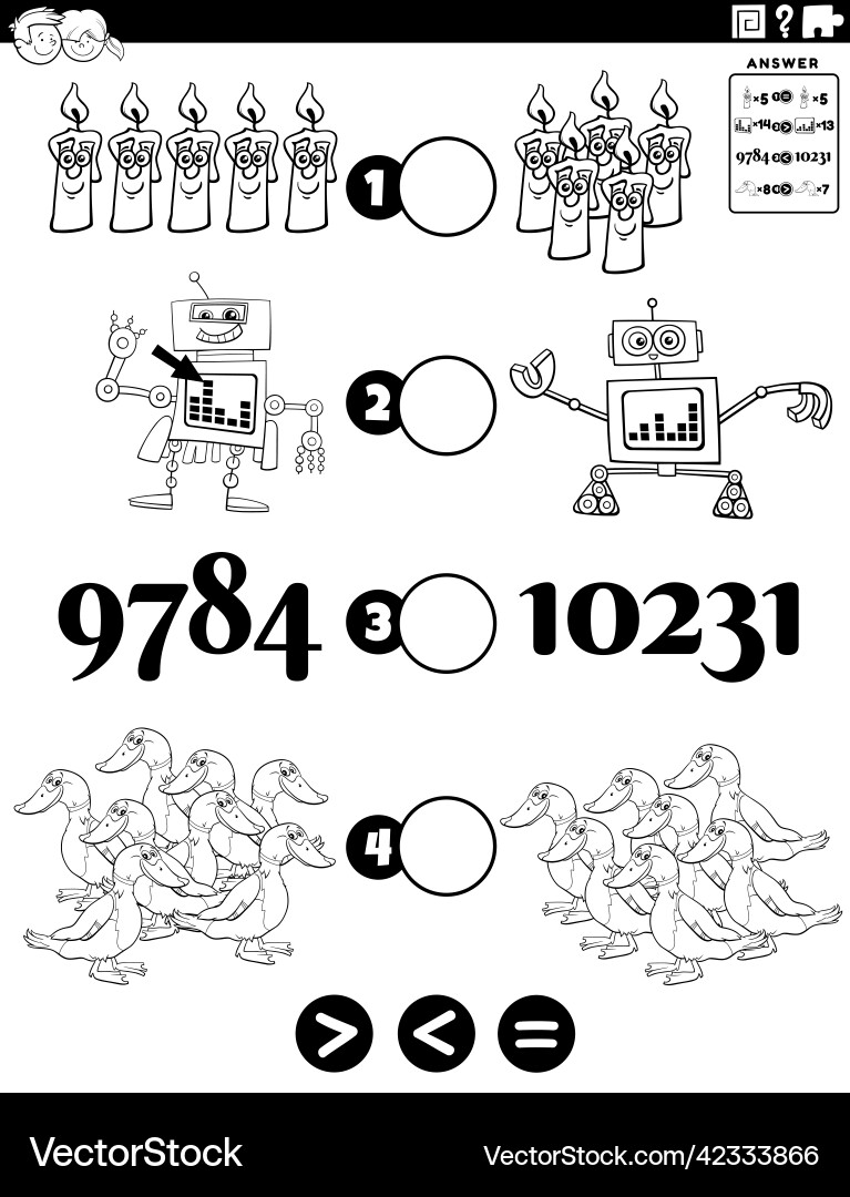 Greater less or equal math task coloring book page Greater less or equal math task coloring book page vector image