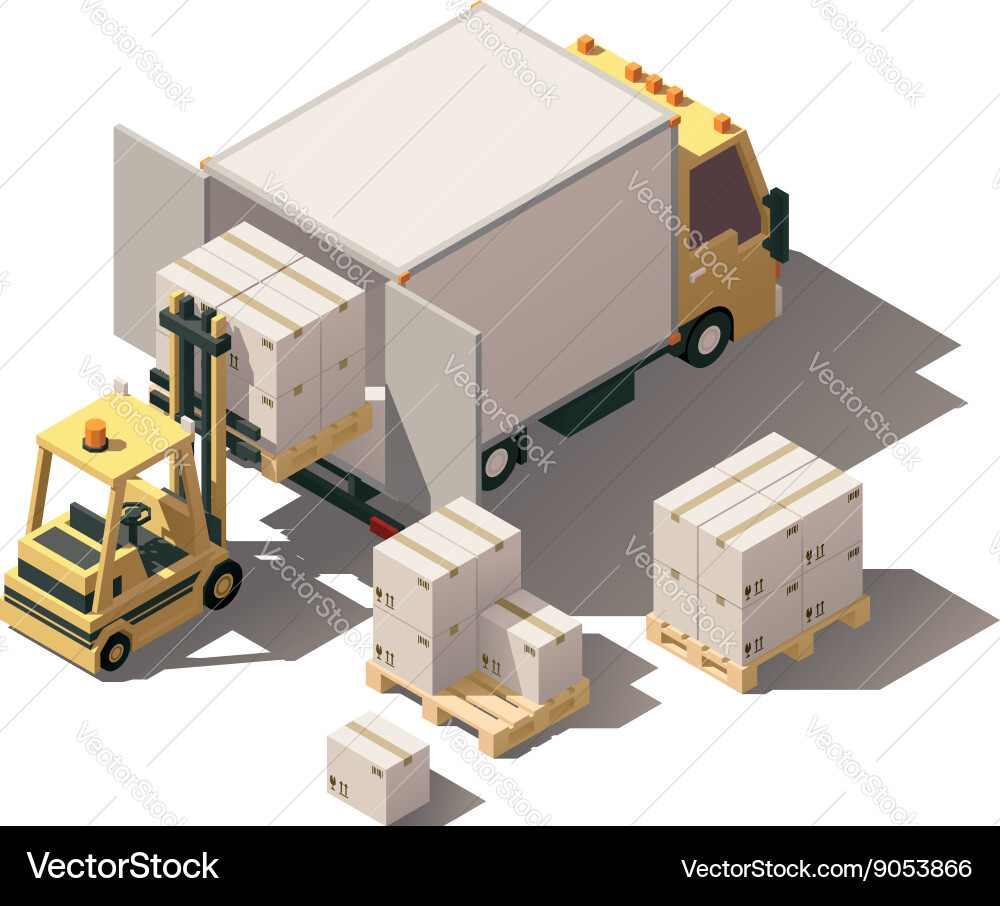 Isometric forklift loading box truck Royalty Free Vector