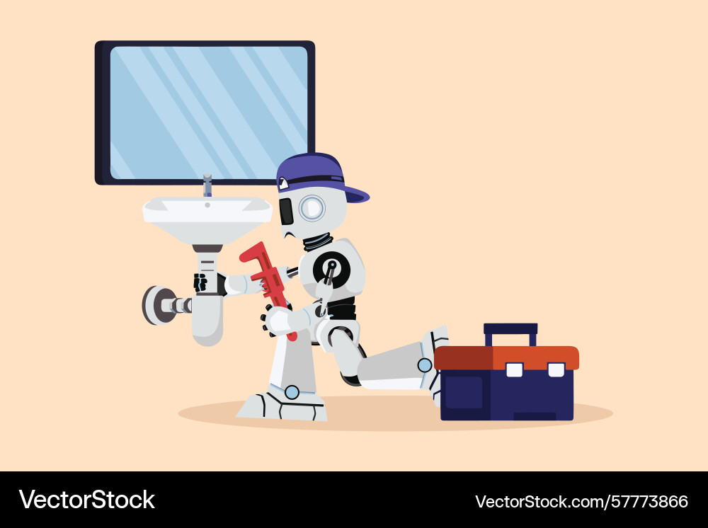 Robot plumber fixing a sink with toolbox Vector Image