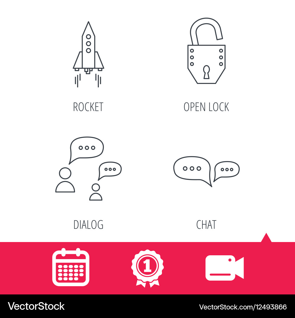 Rocket chat speech bubble and open lock icons vector image