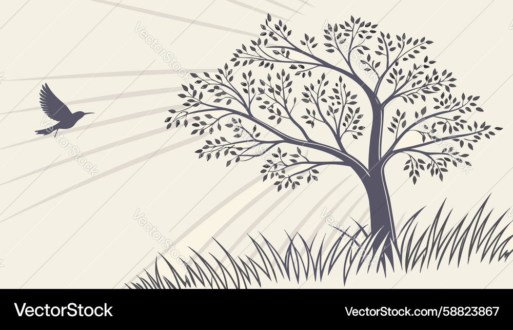 Bird taking flight from tree with sunrays design Vector Image