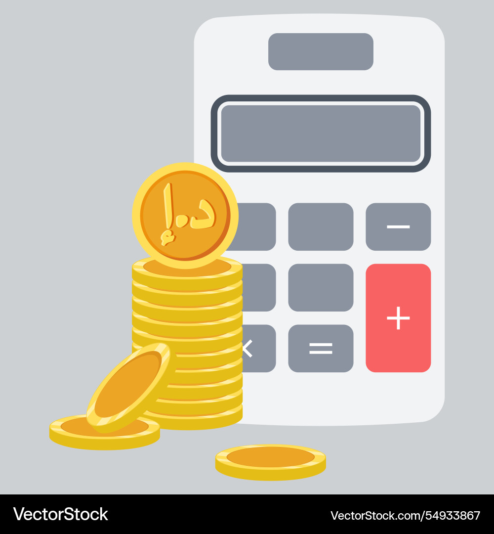 Isolated electronic calculator with stack of coins Isolated electronic calculator with stack of coins Vector Image