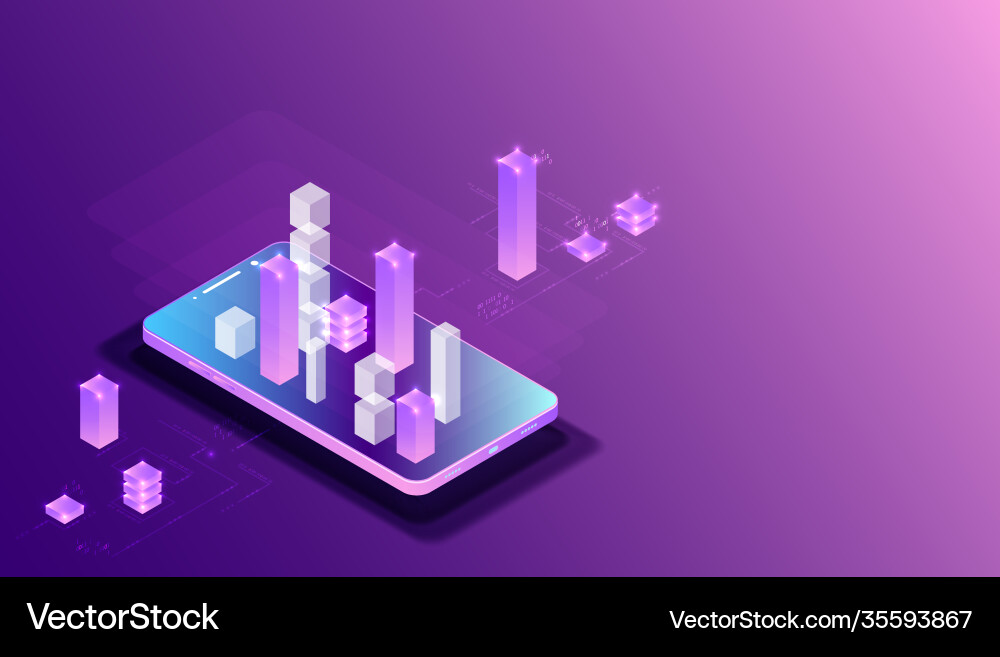 Isometric mobile phone ig data flow processing vector image