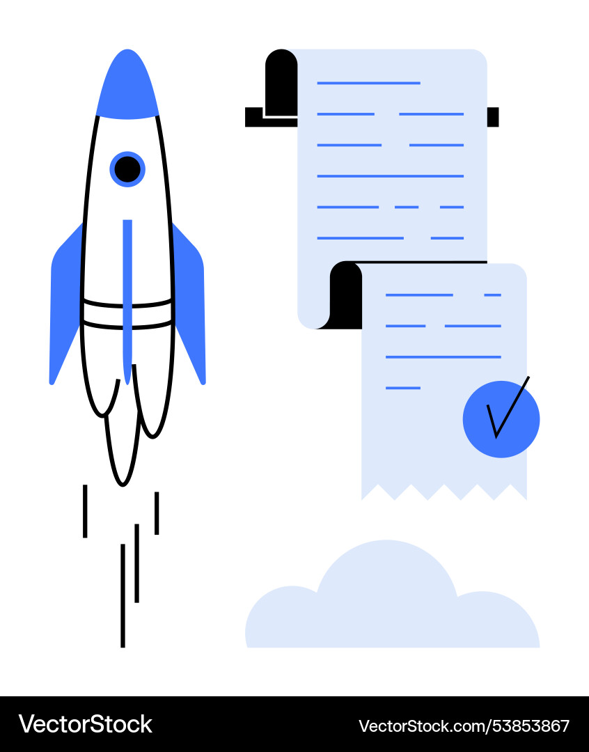 Rocket launch with checklist and cloud symbolizing Rocket launch with checklist and cloud symbolizing vector image