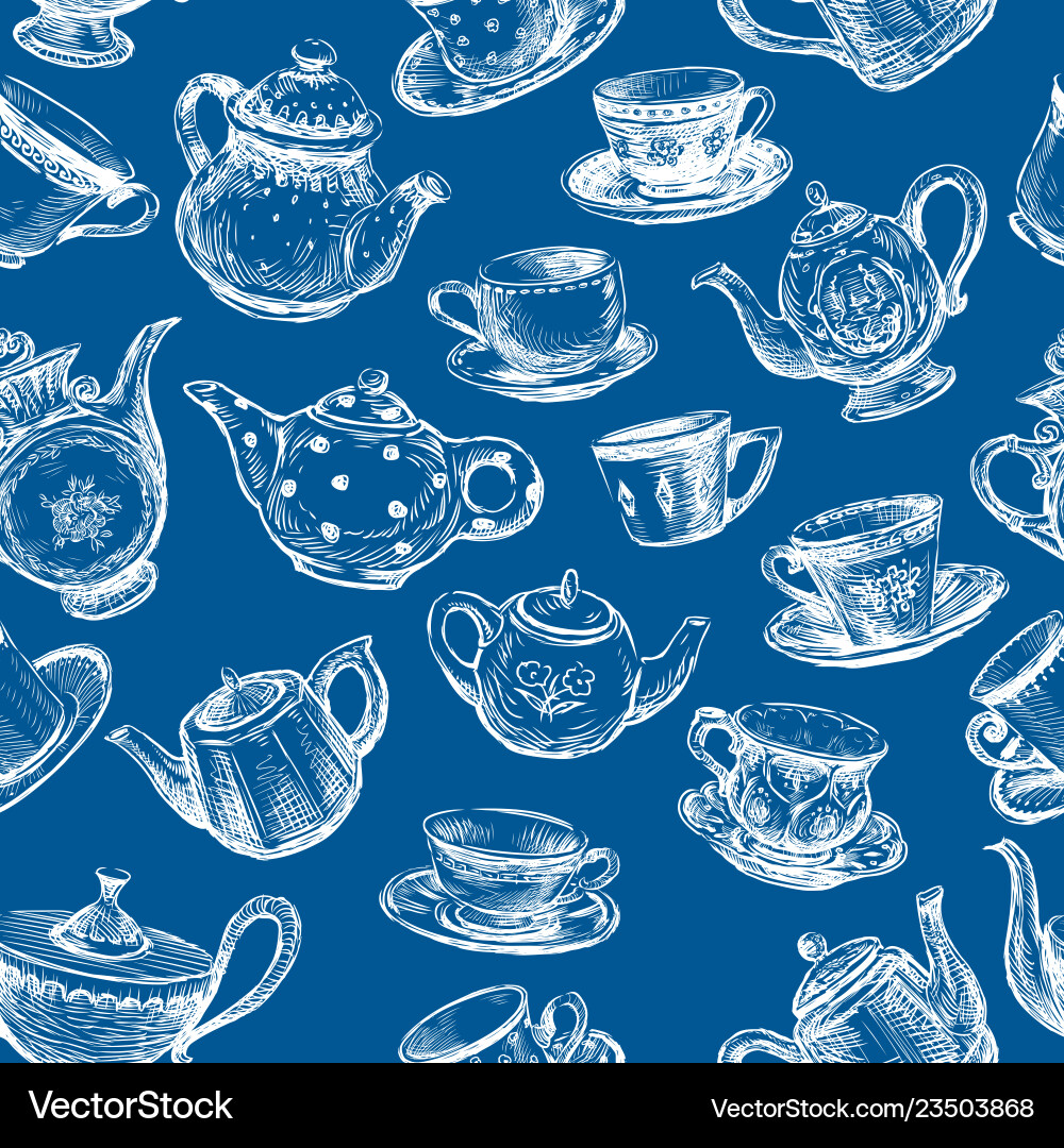 Seamless pattern of cups and teapots sketches Seamless pattern of cups and teapots sketches vector image