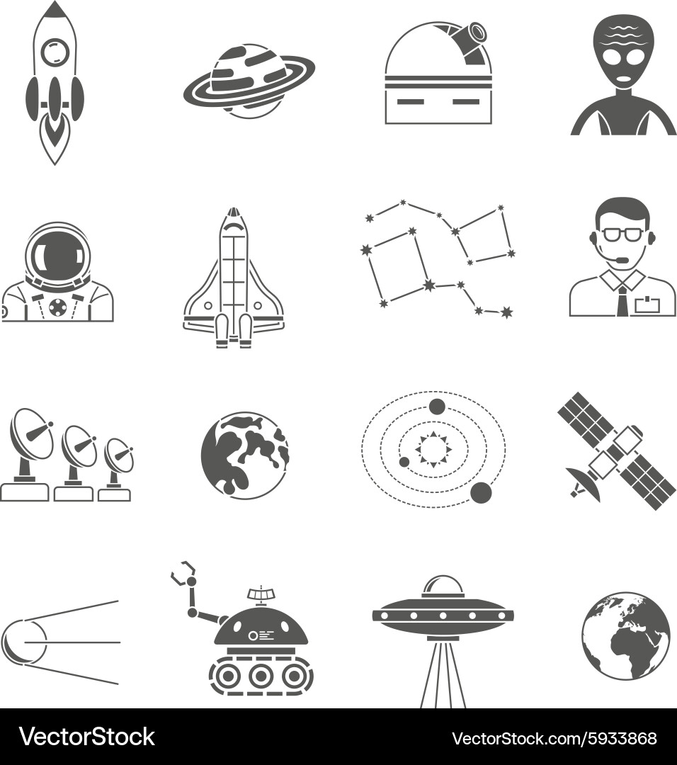 Space cosmos black icons set vector image