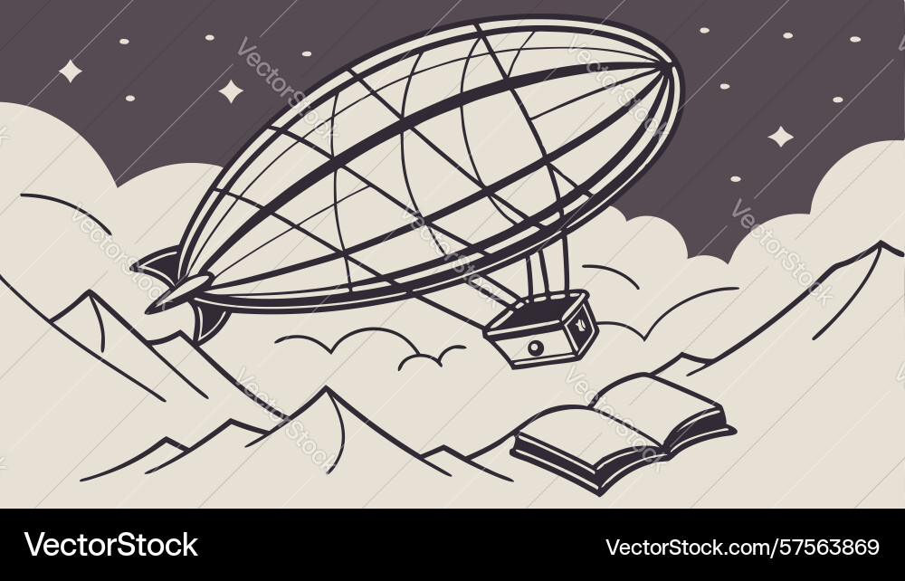 Airship flying over open book design generative ai vector image