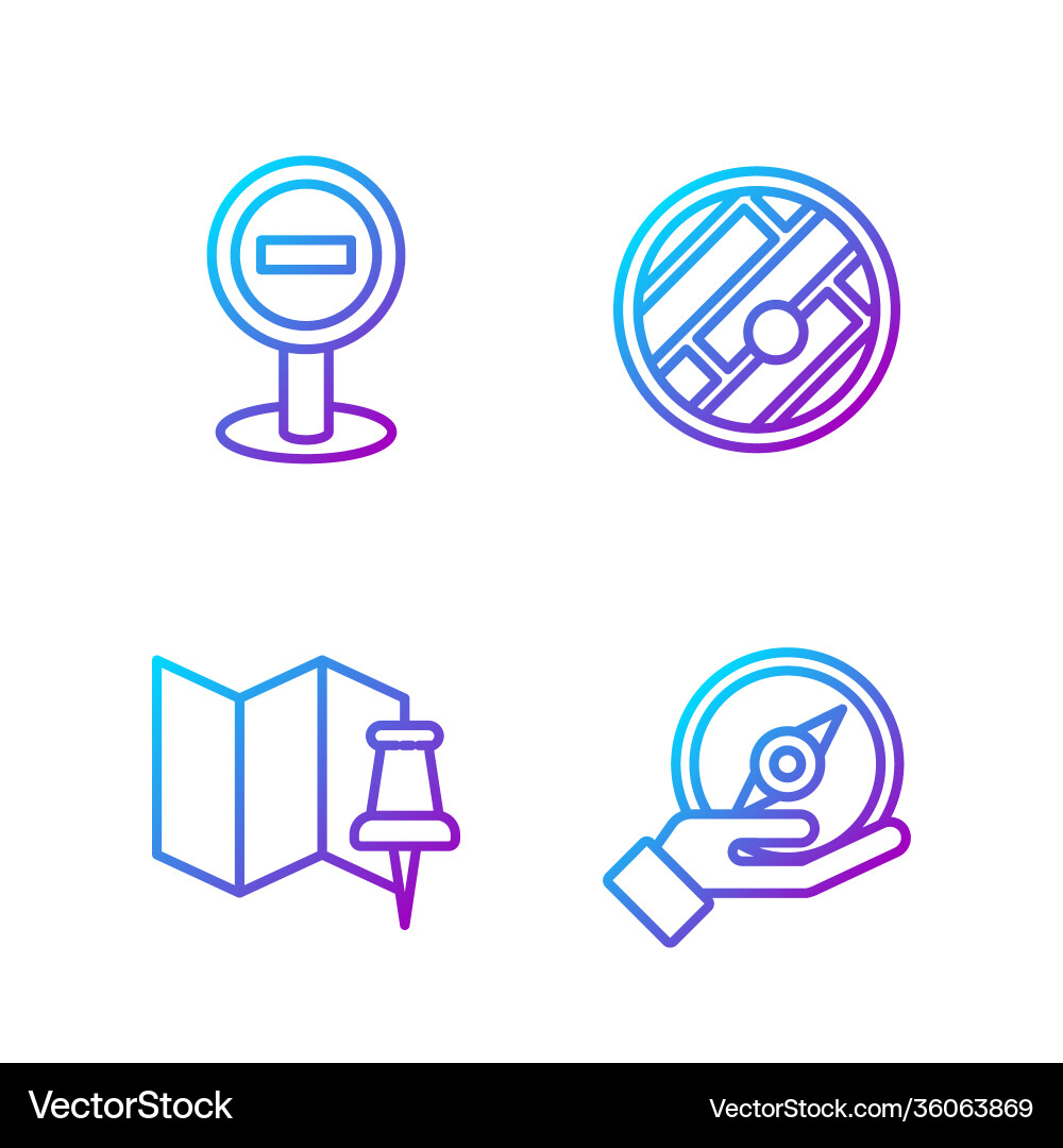 Set line compass folded map with push pin stop Set line compass folded map with push pin stop vector image