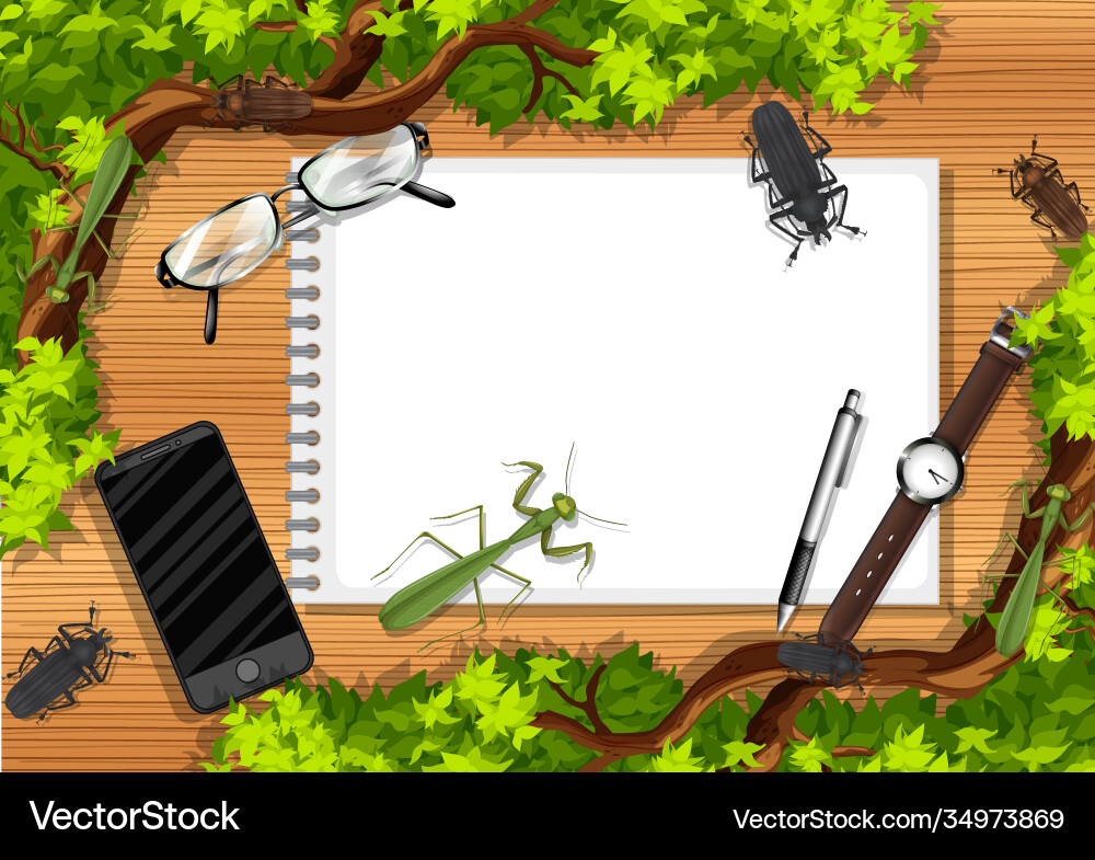 Top view wooden table with office objects Top view wooden table with office objects vector image
