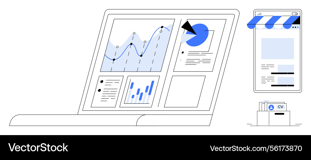 Analyzing data using digital tools across laptop Analyzing data using digital tools across laptop Vector Image