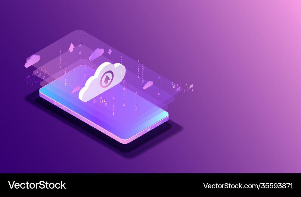Isometric mobile phone ig data flow processing Isometric mobile phone ig data flow processing vector image