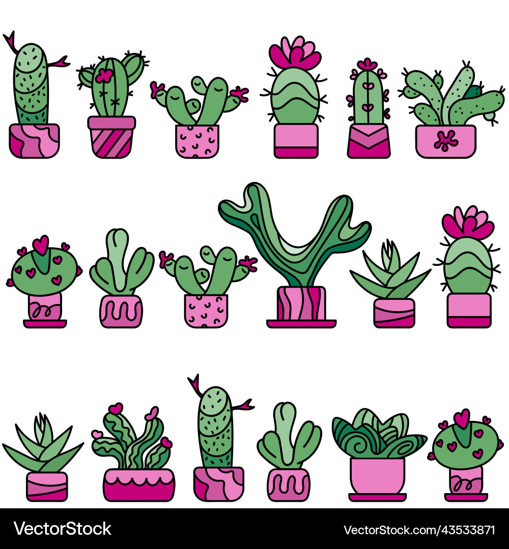 Seamless pattern with cacti in a row doodle hand Vector Image