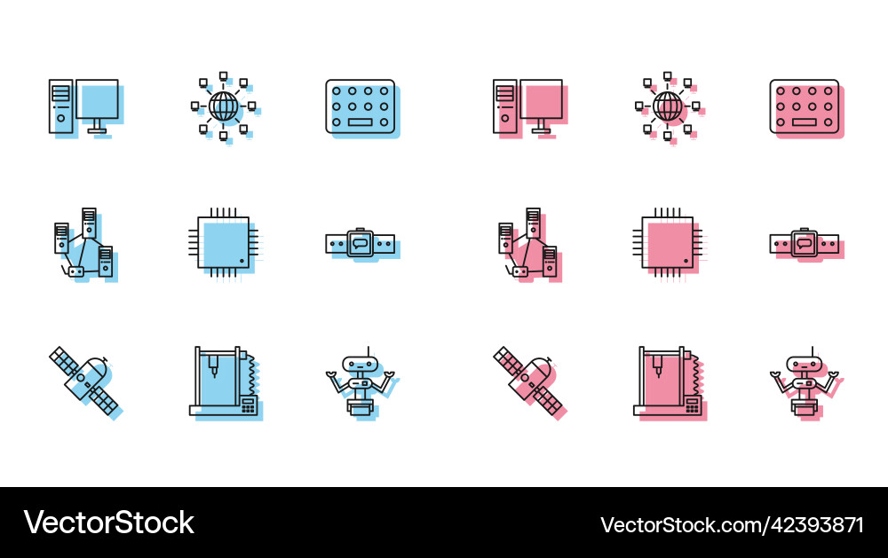Set line satellite 3d printer computer monitor Set line satellite 3d printer computer monitor vector image