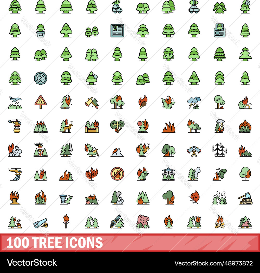 100 tree icons set color line style 100 tree icons set color line style vector image