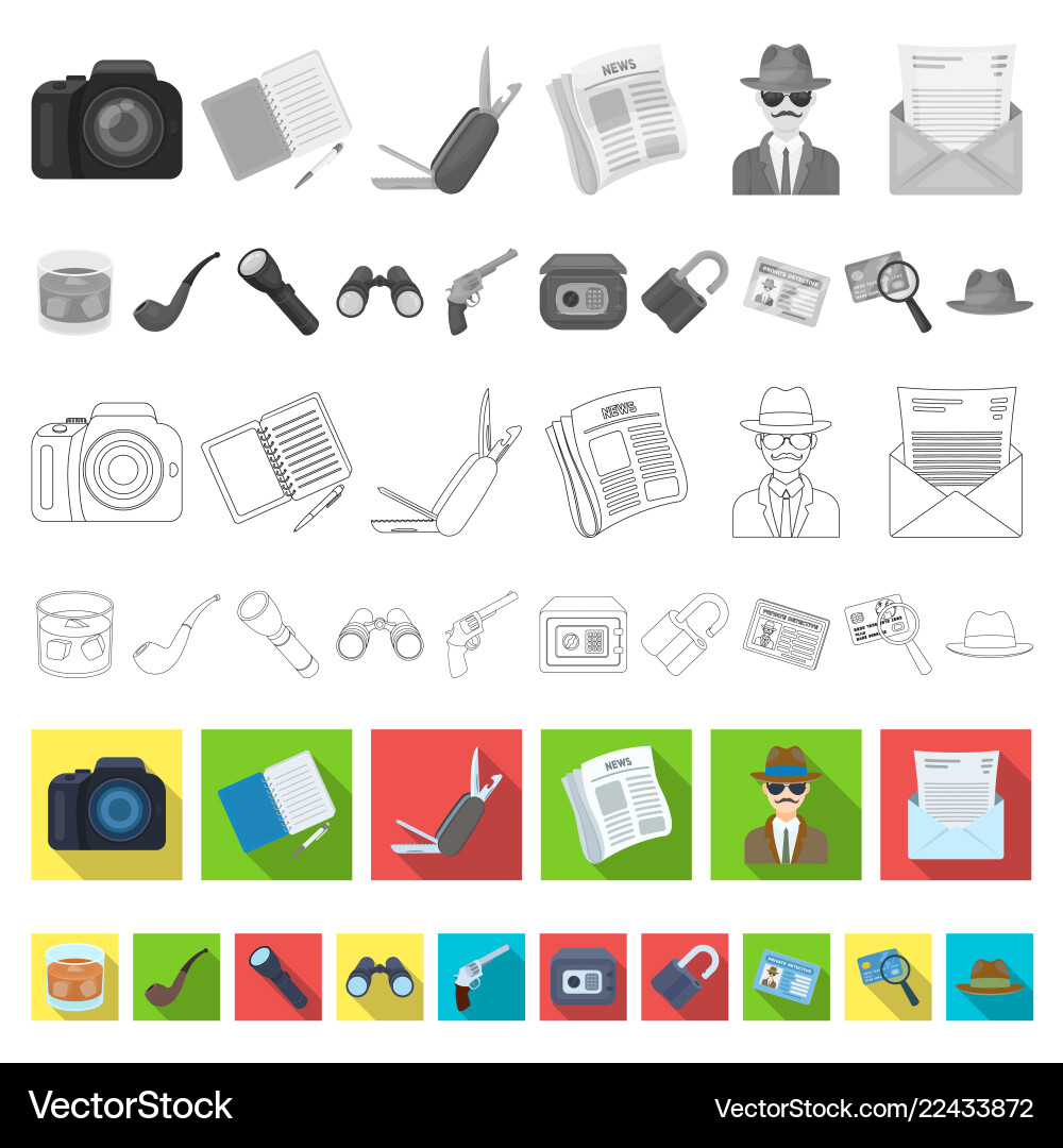 Detective and attributes flat icons in set Detective and attributes flat icons in set vector image