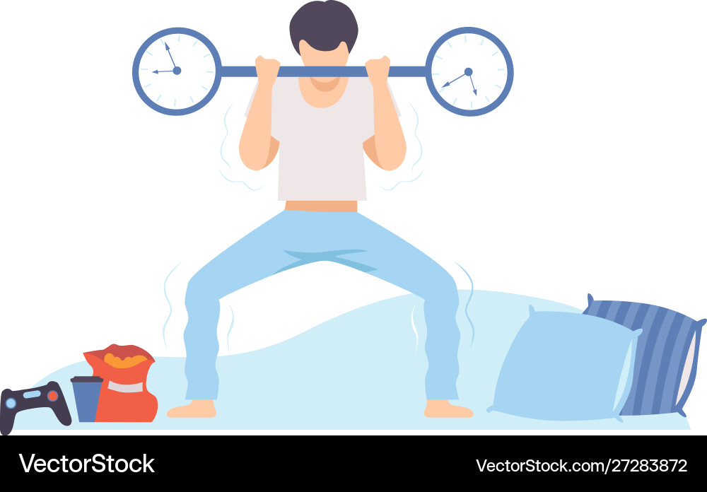 Man is trying to raise a barbell with clock Man is trying to raise a barbell with clock vector image