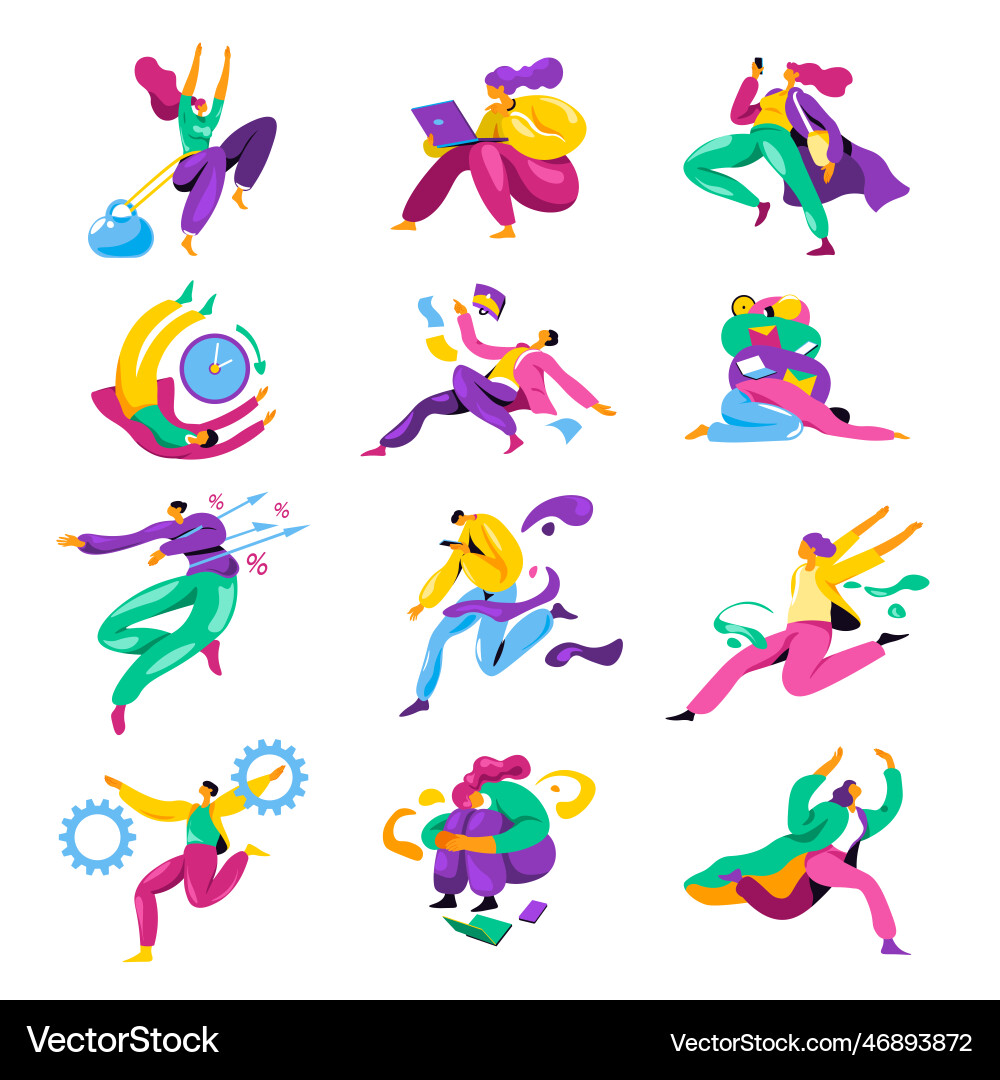 Running people busy characters with work tasks Running people busy characters with work tasks Vector Image