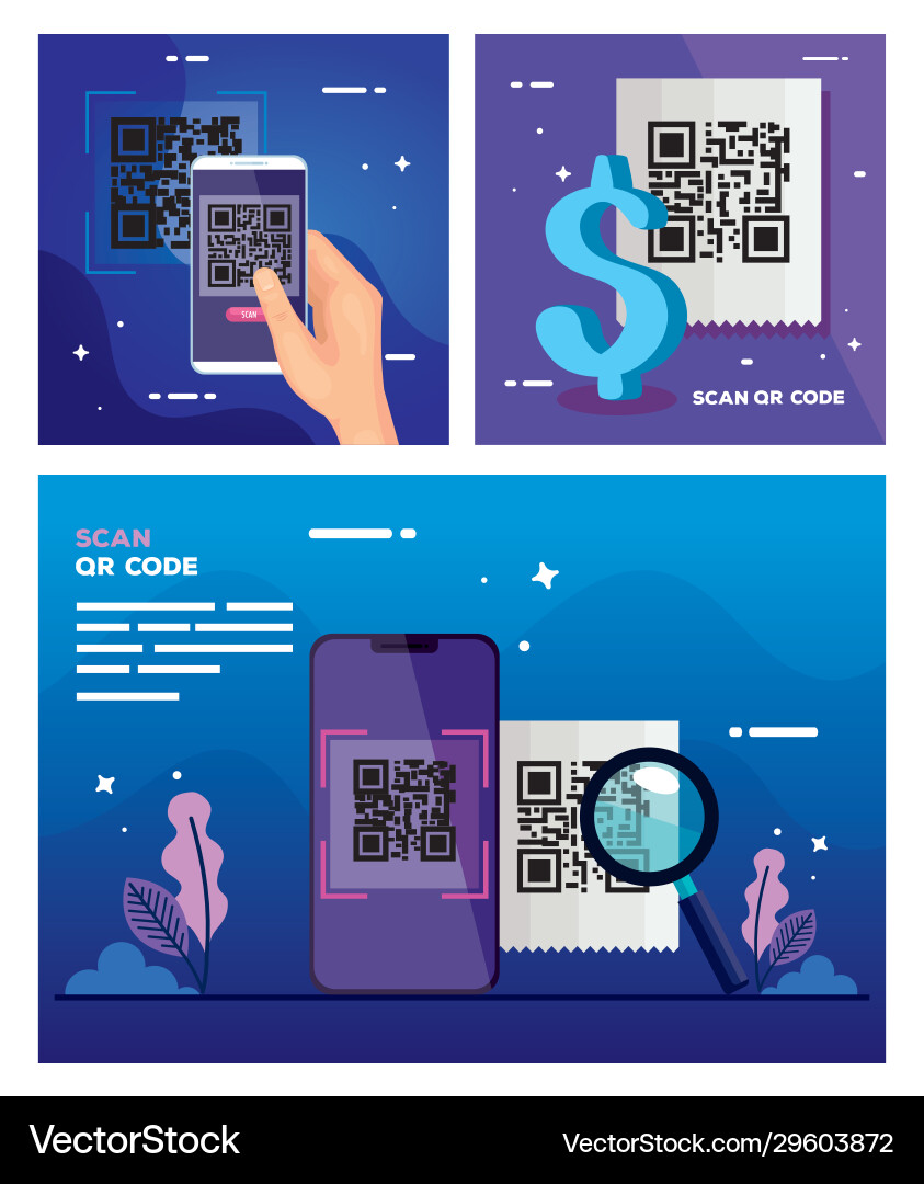 Set poster scan code qr and icons Vector Image