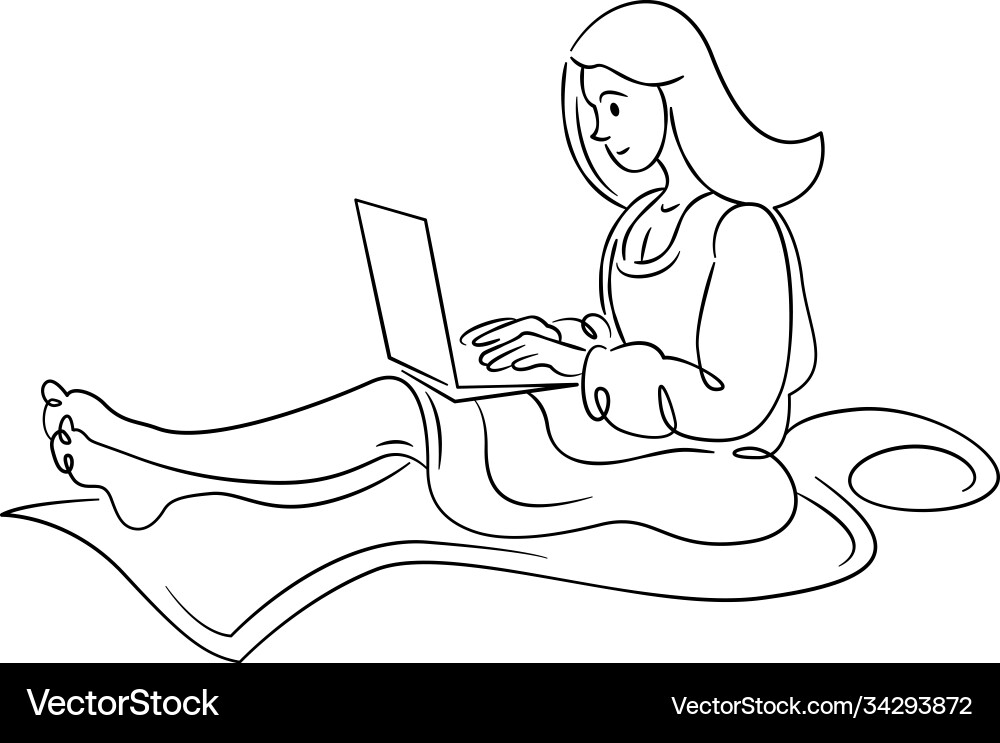 Young woman girl with long hair works at a laptop Young woman girl with long hair works at a laptop vector image