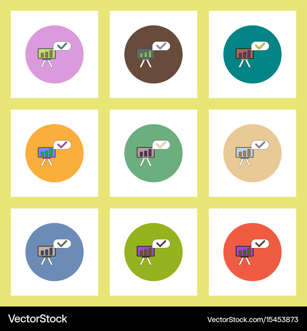 Flat icons set of column chart on board with check Vector Image