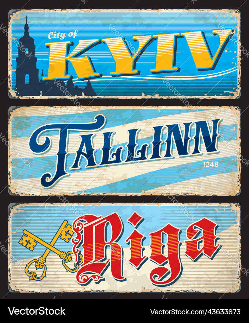 Kyiv tallinn riga city travel stickers plates Kyiv tallinn riga city travel stickers plates vector image