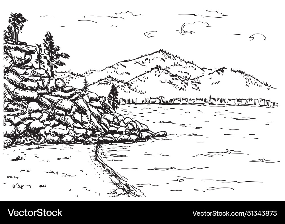 Landscape with lake and mountains sketch wild Vector Image