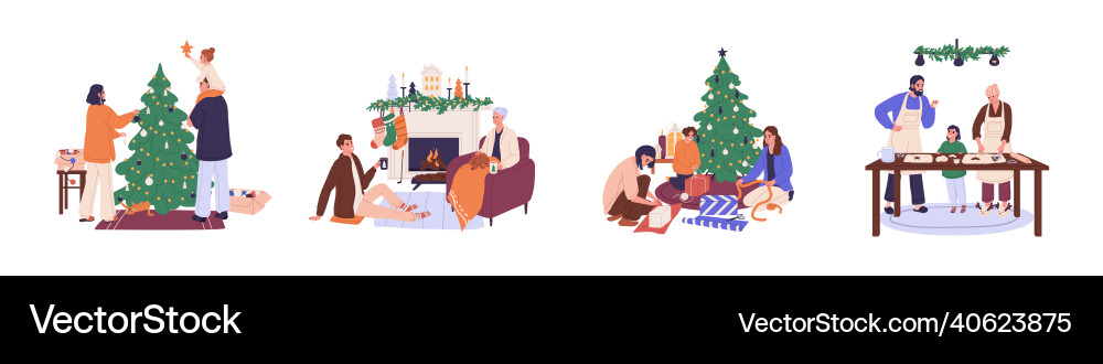 Christmas holiday preparations set happy families Christmas holiday preparations set happy families vector image