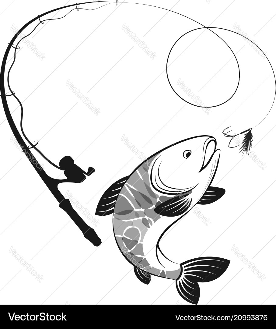 Fishing Rod and Fish Silhouettes Vector Image