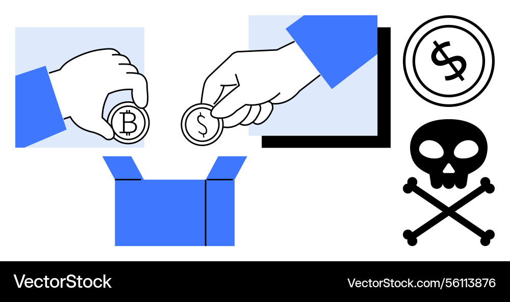 Hands dropping bitcoin and dollar coins into box Hands dropping bitcoin and dollar coins into box vector image