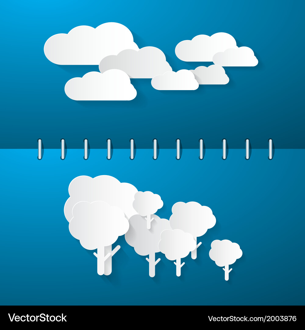 Paper clouds and trees on blue notebook background vector image