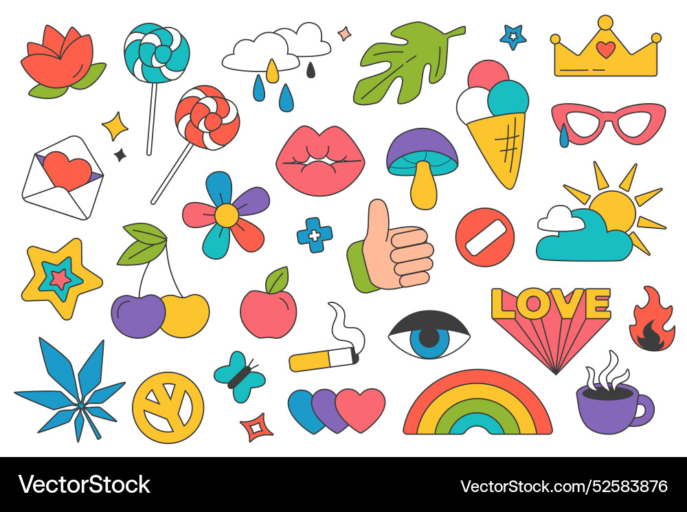 Retro groovy y2k stickers set elements in flat Retro groovy y2k stickers set elements in flat vector image