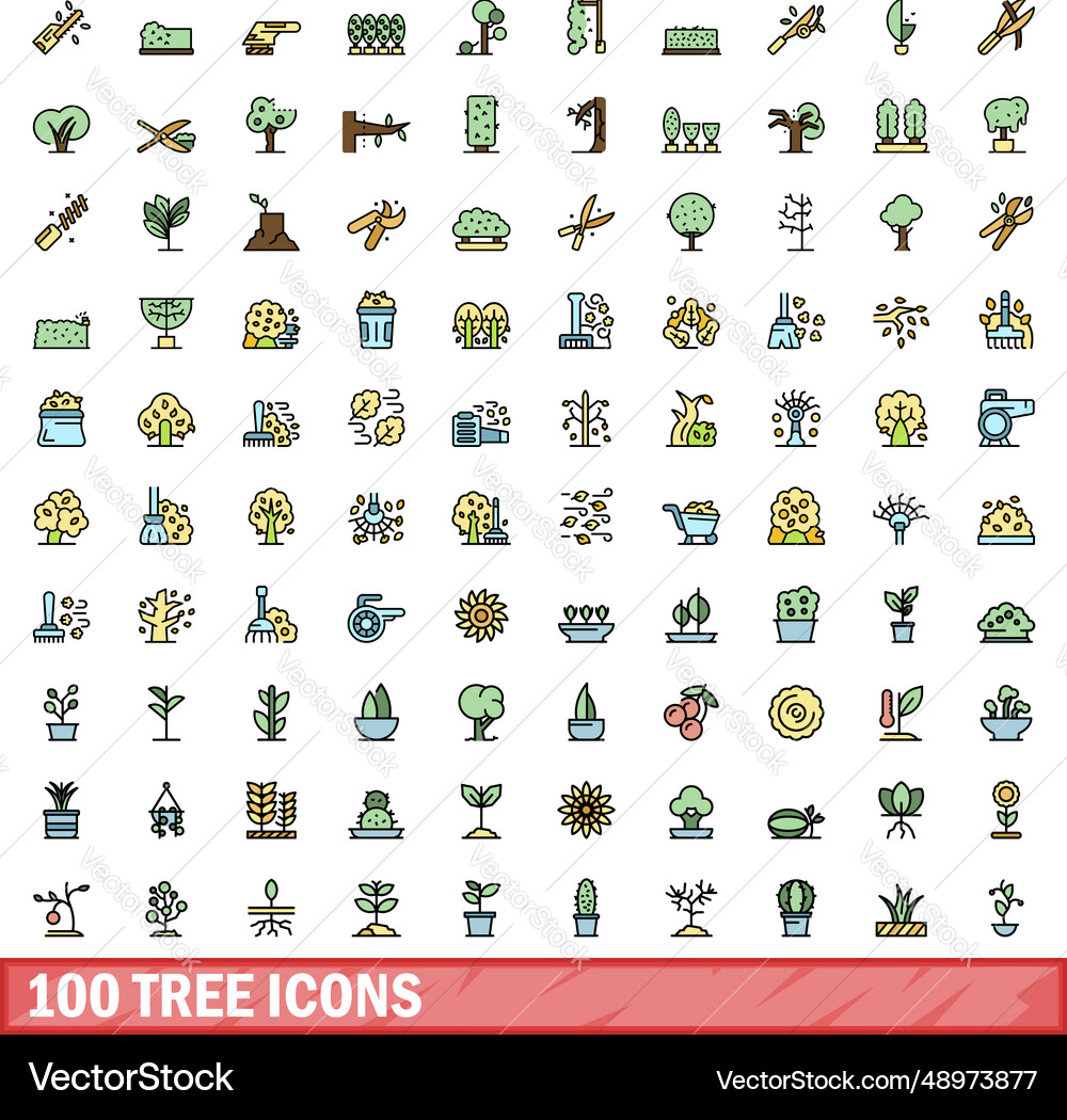 100 tree icons set color line style 100 tree icons set color line style vector image