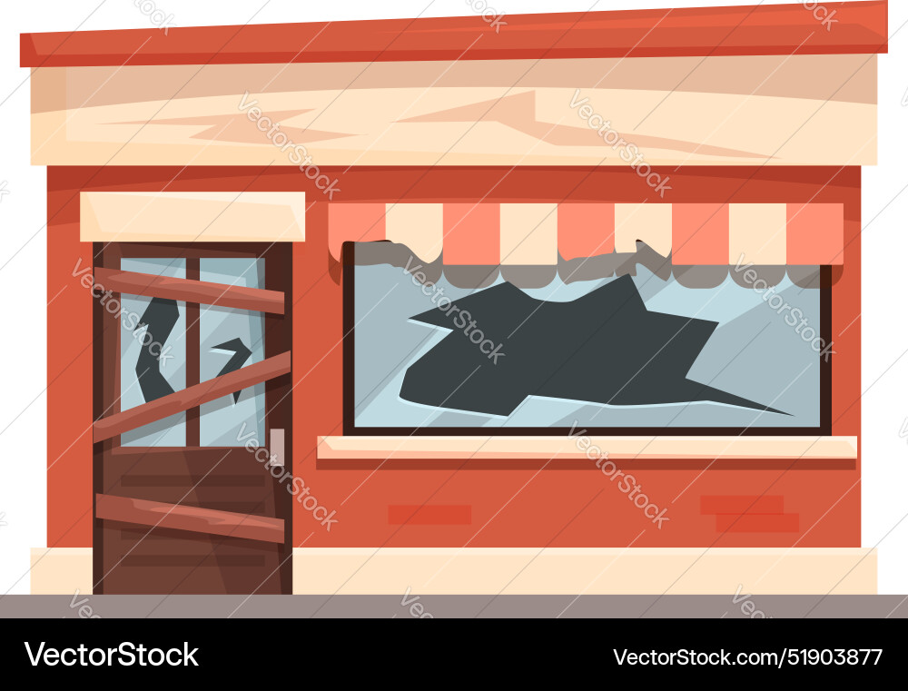 Boarded up shop with broken window showing Vector Image