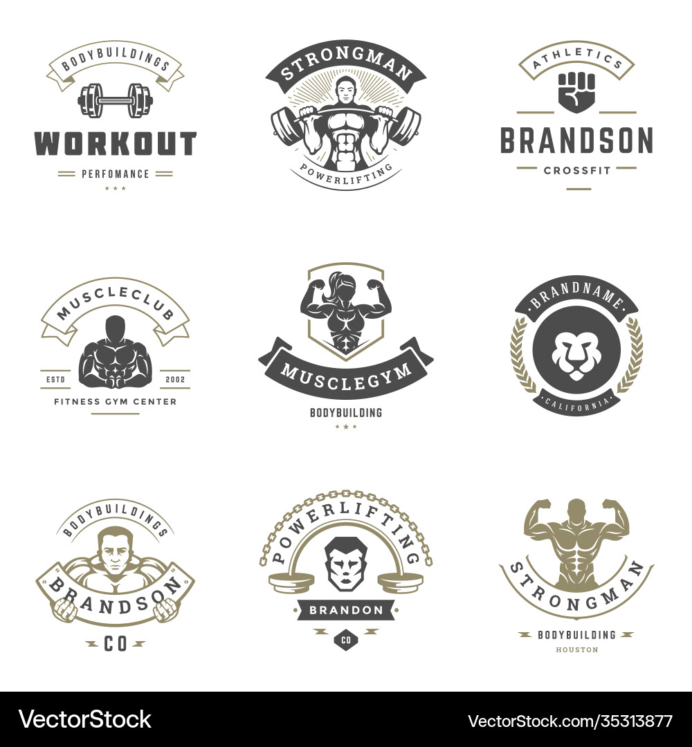 Fitness center and sport gym logos badges Fitness center and sport gym logos badges vector image